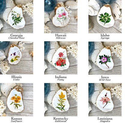 Decoupage Oyster Shell Ring Dish – State Flower Art Coastal Jewelry Holder, Hostess Gift