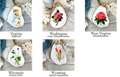 Decoupage Oyster Shell Ring Dish – State Flower Art Coastal Jewelry Holder, Hostess Gift