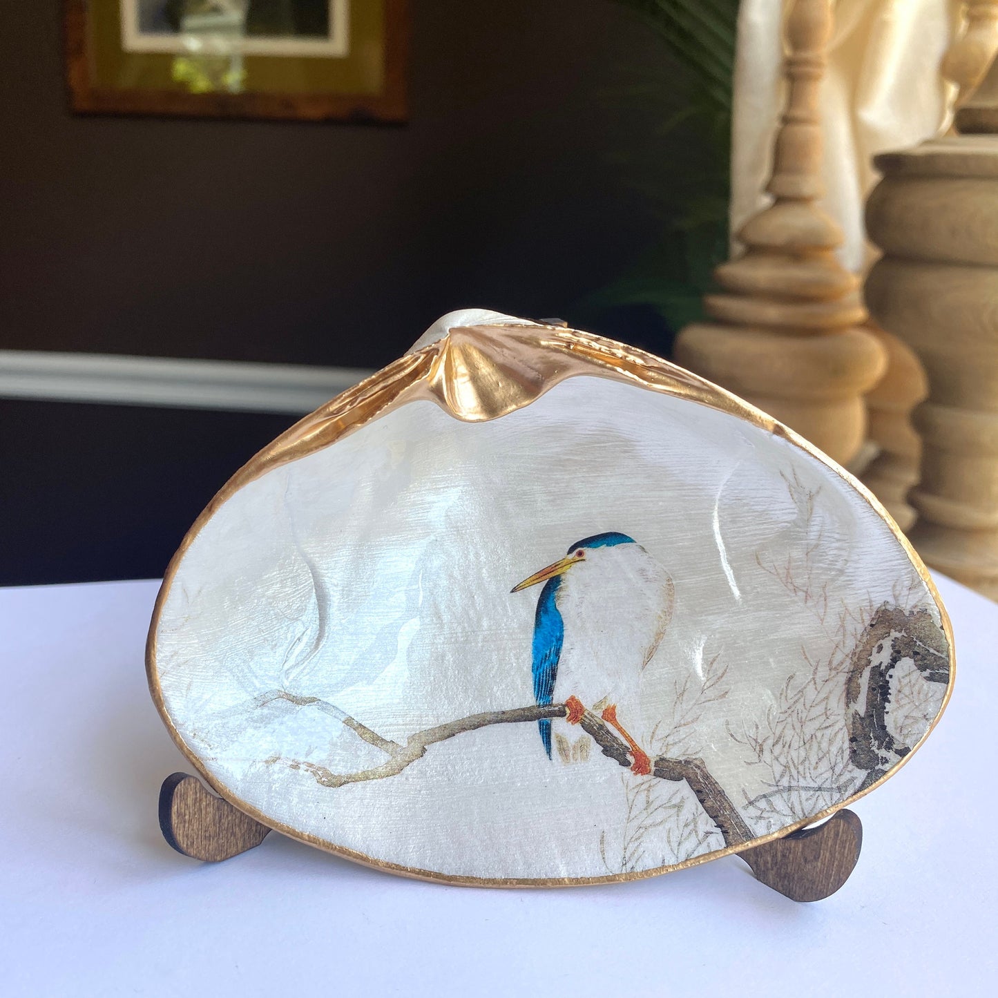 Decoupage Clam Shell Dish Night Heron Bird Art