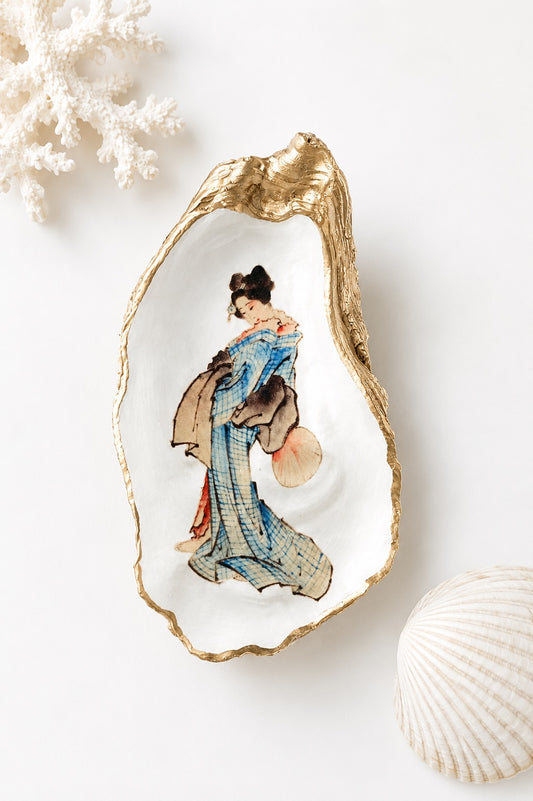 Decoupage Oyster Shell Trinket Dish Geisha Art