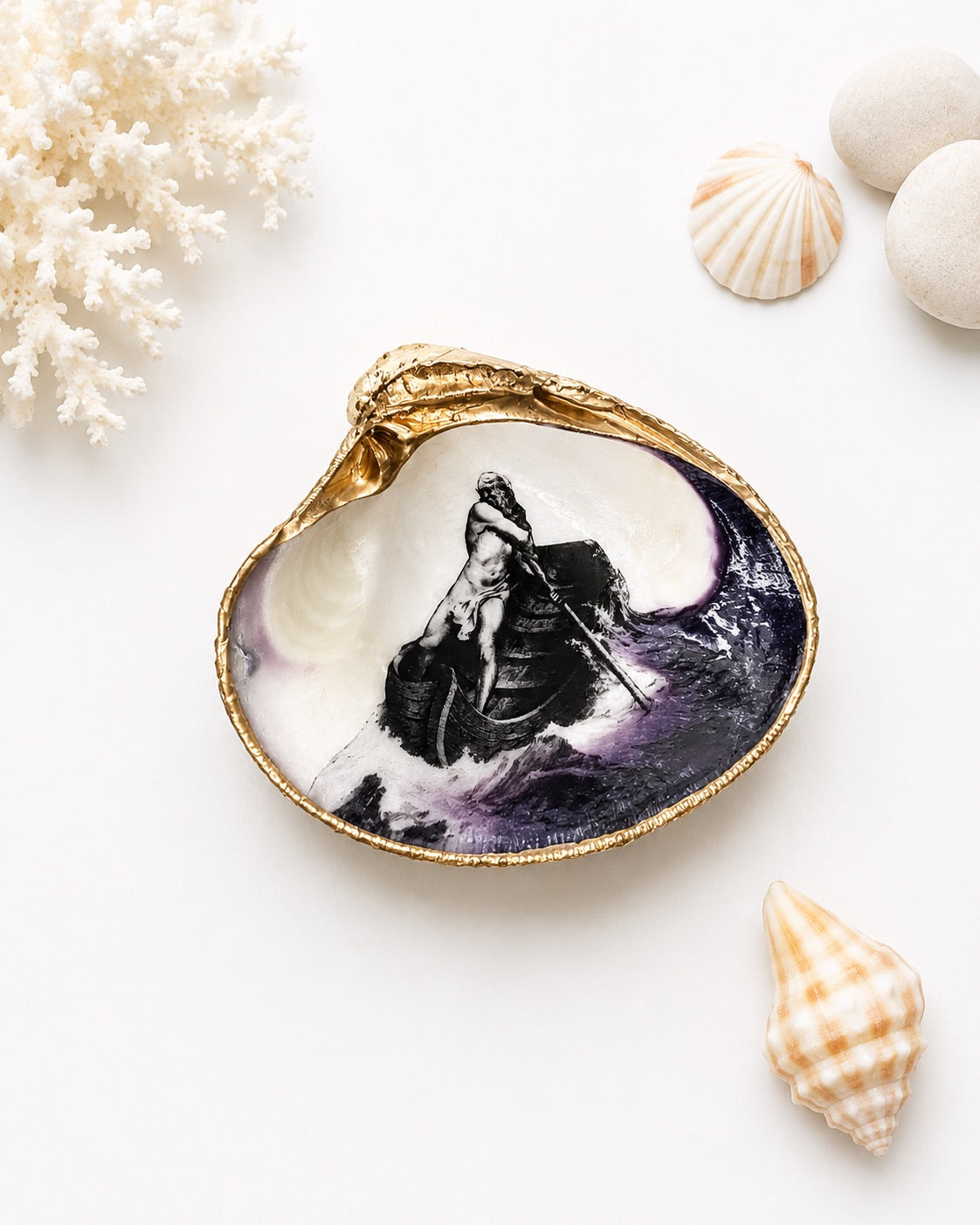 Decoupage Clam Shell Ring Dish – Charon Ferryman Design, Mythological Gothic Art
