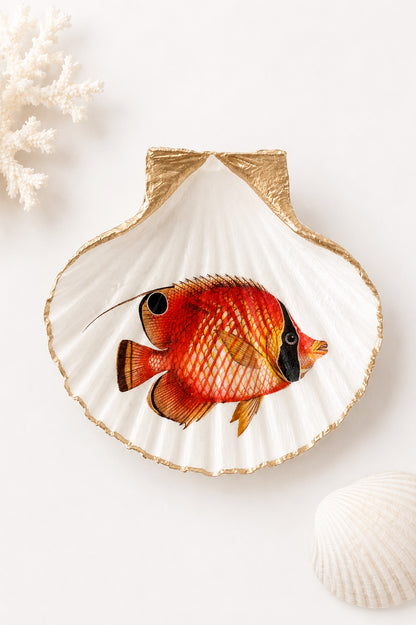 Tropical Fish Scallop Shell Ring Dish, Coastal Jewelry Holder, Beach House Decor, Ocean Lover Gift
