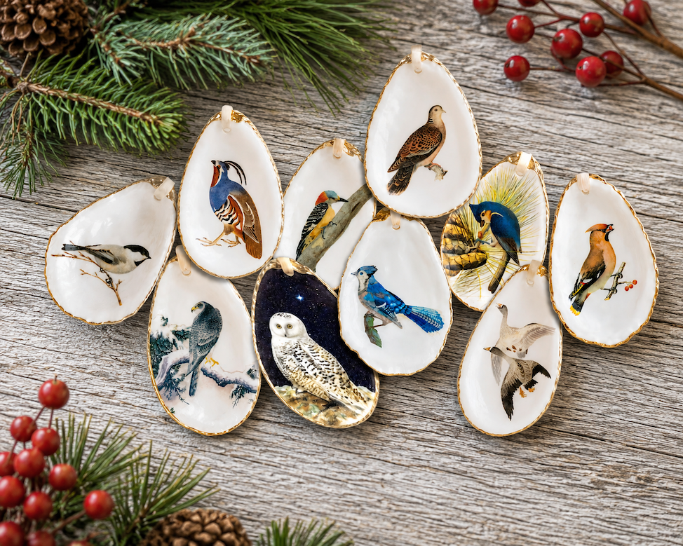 Indigo Bunting Oyster Shell Ornament, Bird Lover Gift, Christmas Keepsake