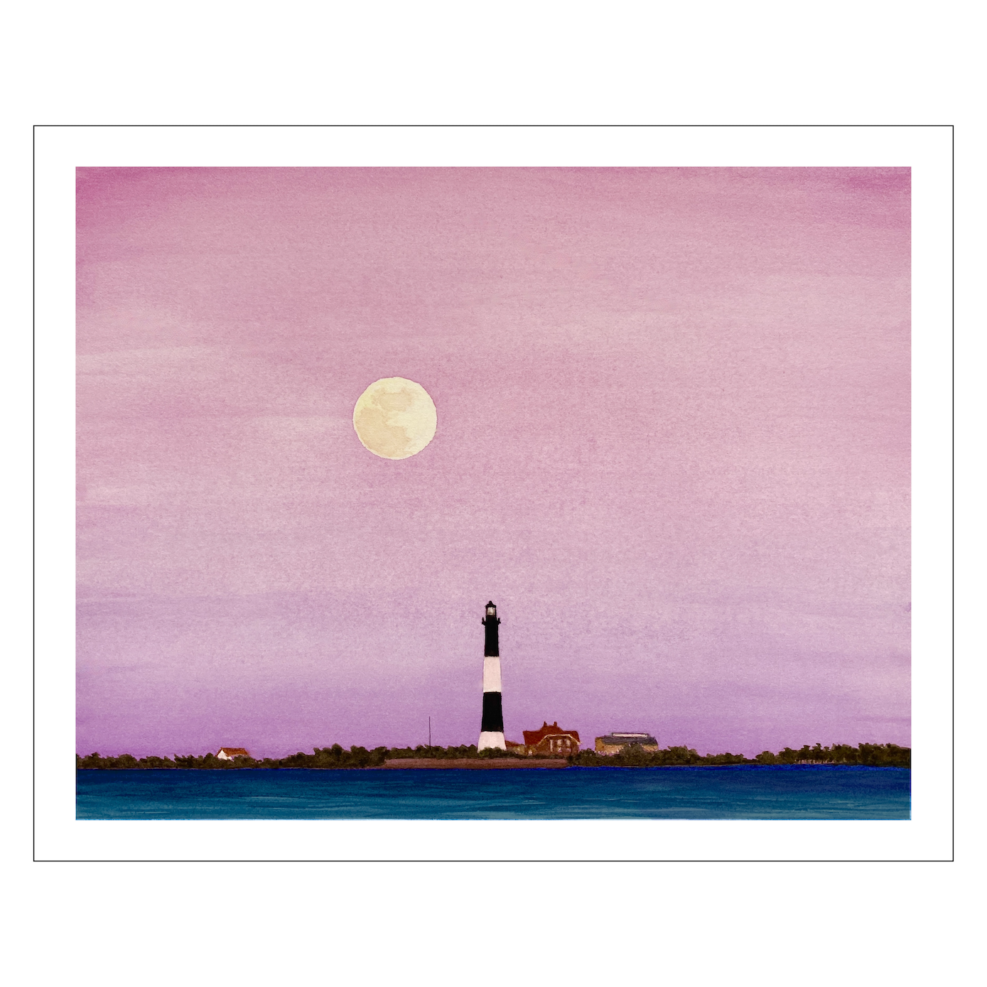 Fire Island Lighthouse, Giclée Print of Original Watercolor, Coastal Wall Art, Moonrise Beach Scene, Limited Edition East Coast Landscape