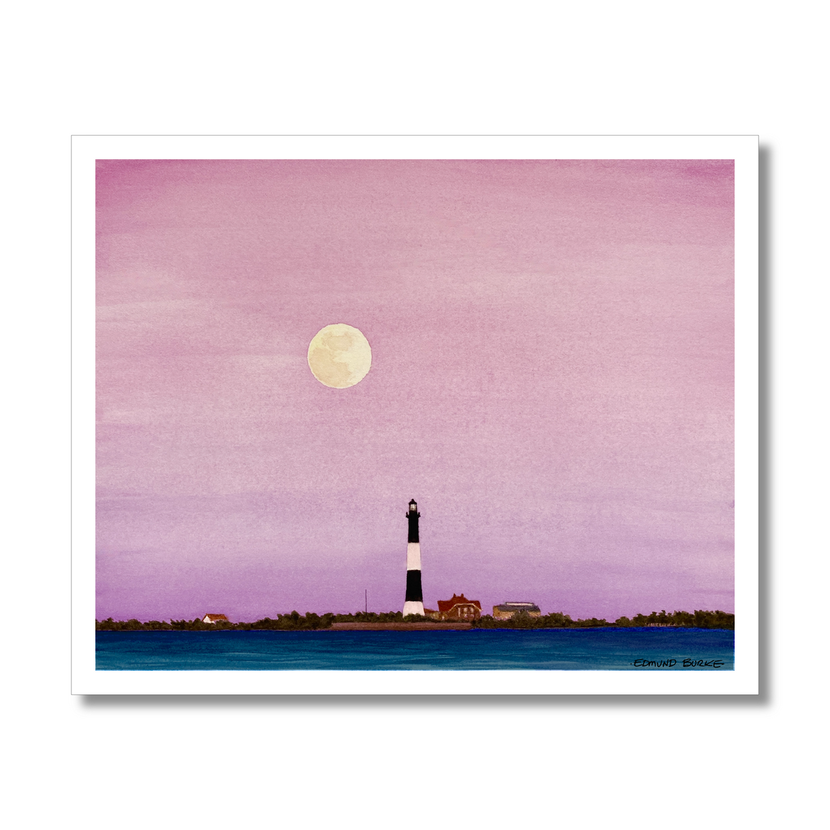 Fire Island Lighthouse, Giclée Print of Original Watercolor, Coastal Wall Art, Moonrise Beach Scene, Limited Edition East Coast Landscape