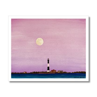 Fire Island Lighthouse, Giclée Print of Original Watercolor, Coastal Wall Art, Moonrise Beach Scene, Limited Edition East Coast Landscape