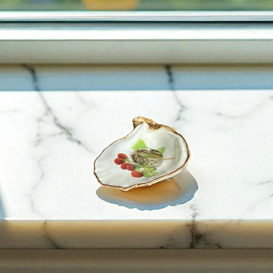 Raspberry Decoupage Oyster Shell Ring Dish – Gold Trimmed Trinket Dish for Kitchen or Sink – Farmhouse Cottagecore Jewelry Holder