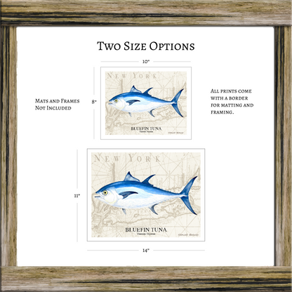 Bluefin Tuna Watercolor Print Art Over Vintage Long Island Map – Nautical Coastal Wall Art, Fishermen Angler Gift, NY Beach House Décor