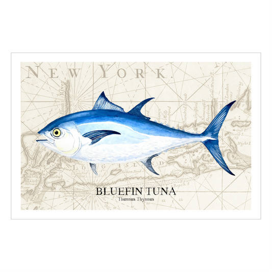 Bluefin Tuna Watercolor Print Art Over Vintage Long Island Map – Nautical Coastal Wall Art, Fishermen Angler Gift, NY Beach House Décor
