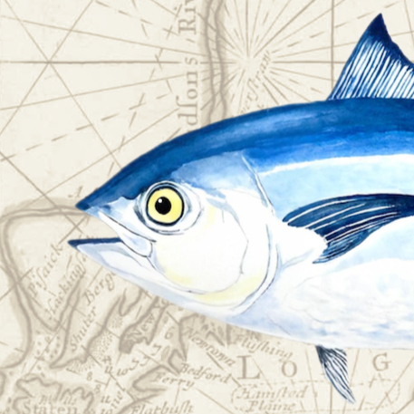 Bluefin Tuna Watercolor Print Art Over Vintage Long Island Map – Nautical Coastal Wall Art, Fishermen Angler Gift, NY Beach House Décor