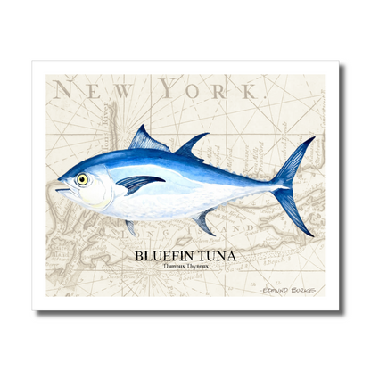 Bluefin Tuna Watercolor Print Art Over Vintage Long Island Map – Nautical Coastal Wall Art, Fishermen Angler Gift, NY Beach House Décor