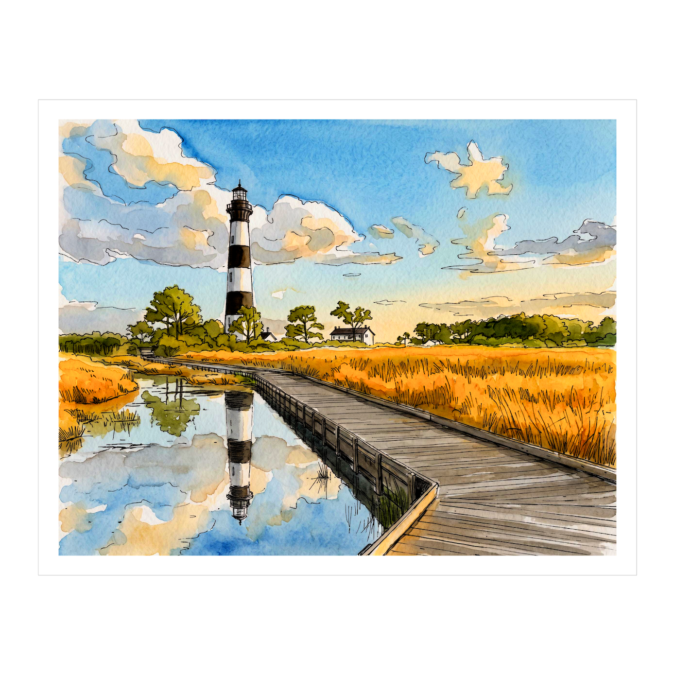 Bodie Island Watercolor, Outer Banks Coastal Wall Art, North Carolina Lighthouse Artwork, Archival Fine Art Print
