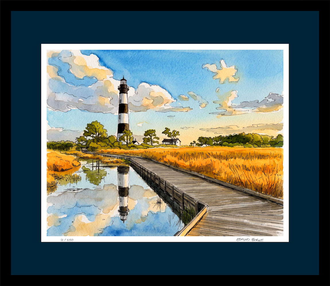 Bodie Island Watercolor, Outer Banks Coastal Wall Art, North Carolina Lighthouse Artwork, Archival Fine Art Print