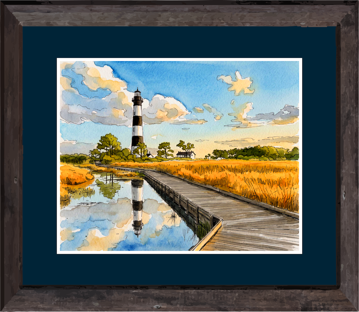 Bodie Island Watercolor, Outer Banks Coastal Wall Art, North Carolina Lighthouse Artwork, Archival Fine Art Print