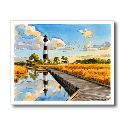 Bodie Island Watercolor, Outer Banks Coastal Wall Art, North Carolina Lighthouse Artwork, Archival Fine Art Print