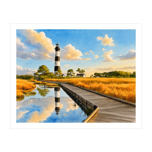 Bodie Island Watercolor, Outer Banks Coastal Wall Art, North Carolina Lighthouse Artwork, Archival Fine Art Print