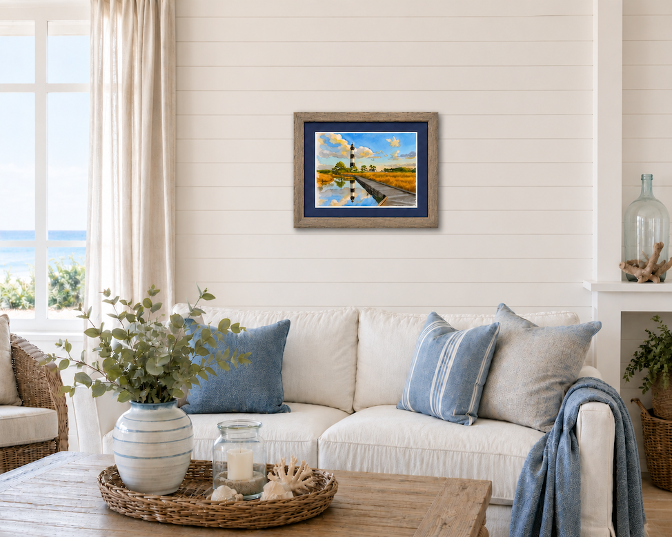 Bodie Island Watercolor, Outer Banks Coastal Wall Art, North Carolina Lighthouse Artwork, Archival Fine Art Print