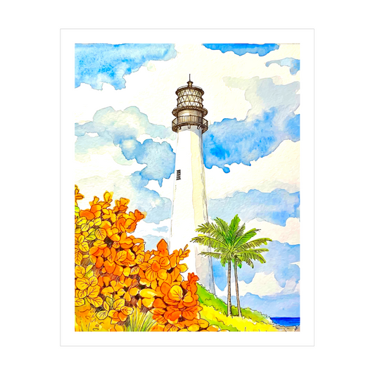 Cape Florida Lighthouse Watercolor Print, Original Florida Lighthouse Art, Coastal Wall Decor, Beach House Art, Key Biscayne Nautical Gift