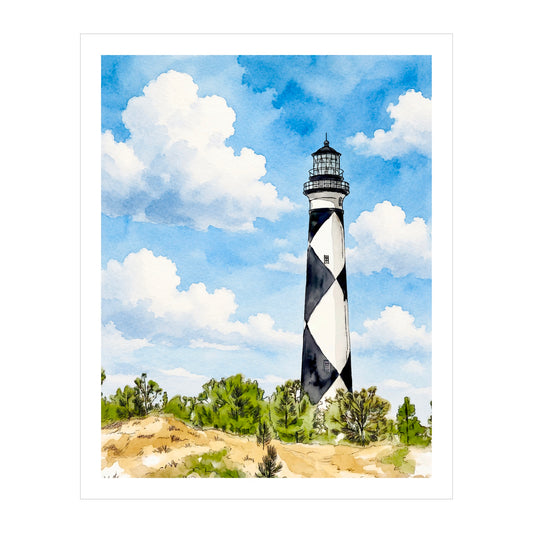 Cape Lookout Lighthouse Watercolor Print, Original North Carolina Art,  Coastal Wall Decor, Nautical Beach House Artwork, Outer Banks Gift