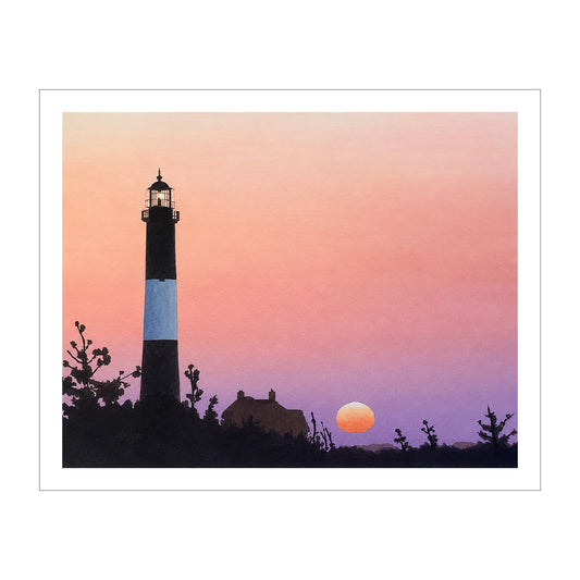 Fire Island Lighthouse Art, Original Watercolor Print, Calm Pastel Seascape Art, Beach House Coastal Decor, Sunrise Coastal Painting