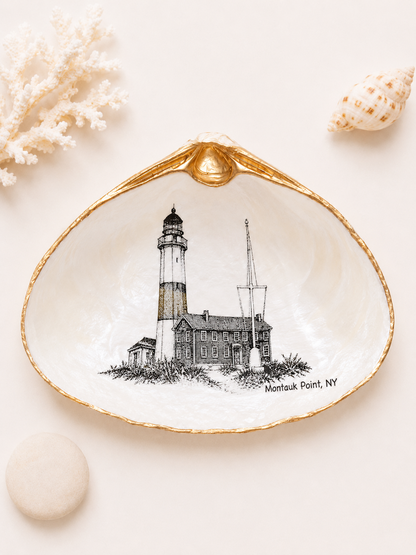 Decoupage Clam Shell Trinket Dish Montauk Lighthouse Art