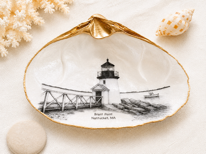 Decoupage Clam Shell Trinket Dish Nantucket Art