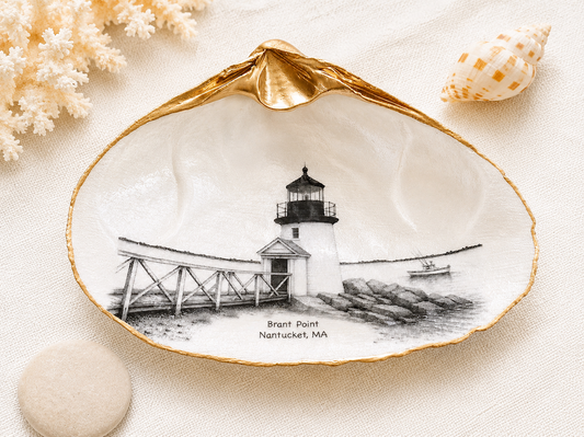 Decoupage Clam Shell Trinket Dish Nantucket Art