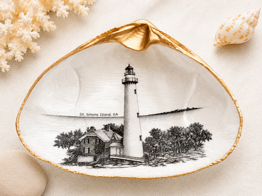 Decoupage Clam Shell Trinket Dish St. Simons Lighthouse Art