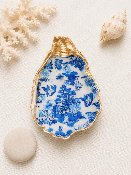 Decoupage Chinoiserie Oyster Shell Ring Dish – Coastal Jewelry Holder, Hostess Gift