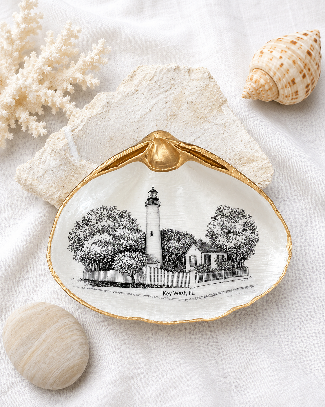Decoupage Clam Shell Trinket Dish Key West Lighthouse Art