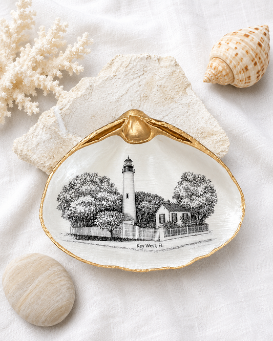 Decoupage Clam Shell Trinket Dish Key West Lighthouse Art
