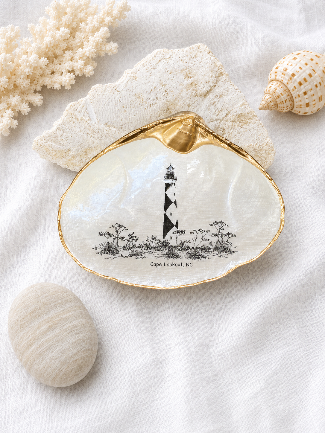 Decoupage Clam Shell Trinket Dish Cape Lookout Lighthouse Art