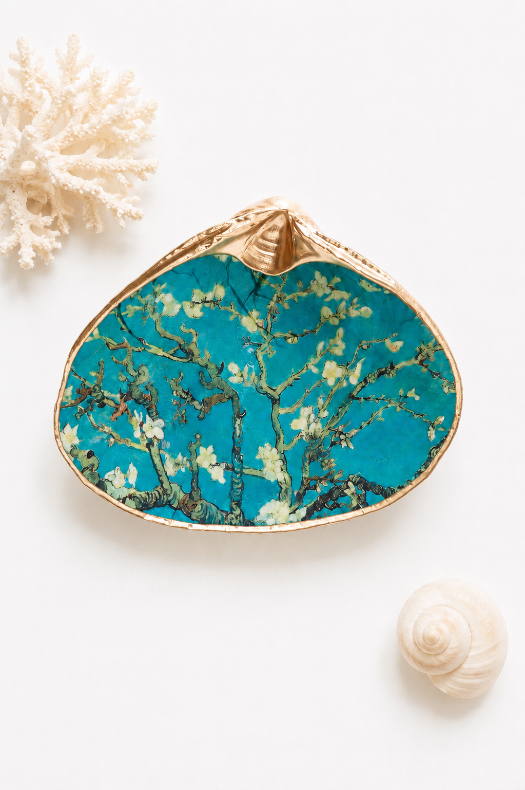 Decoupage Clam Shell Jewelry Dish – Almond Blossoms Art, Coastal Tabletop Decor