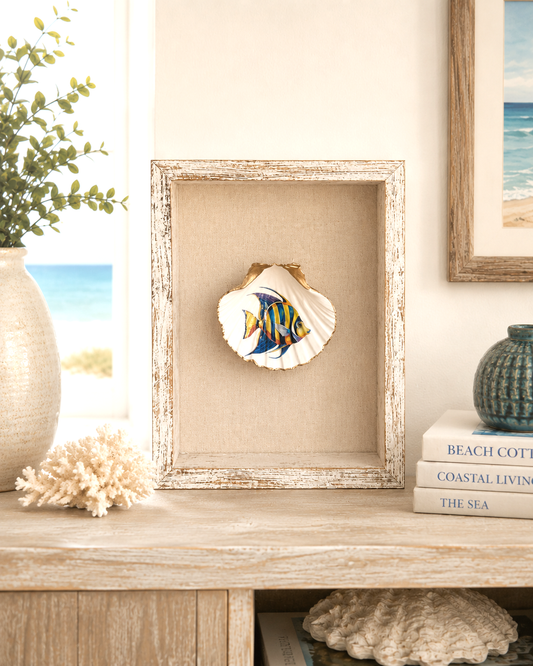 Framed Tropical Fish Oyster Shell Art, Coastal Shadow Box Wall Decor, Handcrafted Beach House Wall Art, Nautical Home Decor,Ocean Lover Gift