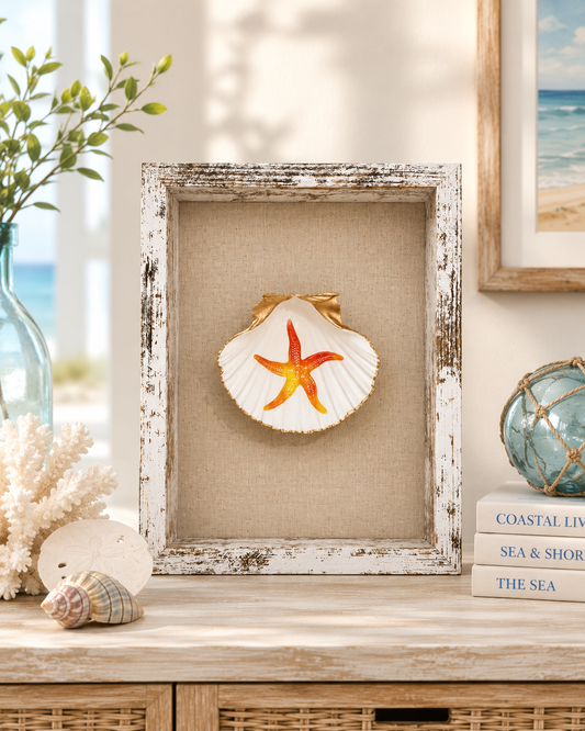 Handcrafted Sea Star Scallop Shell Shadow Box, Coastal Beach Decor, Gold Edging, Ocean Lover Gift