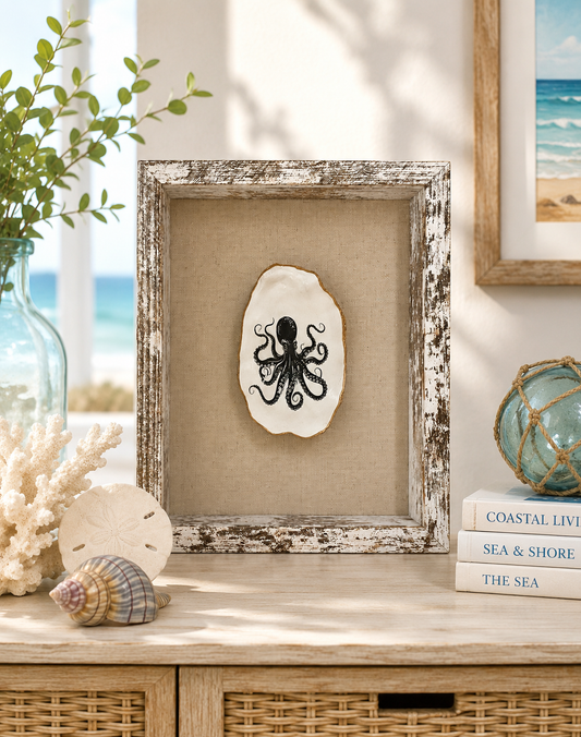 Framed Octopus Oyster Shell Shadow Box Art, Coastal Wall Decor, Marine Life Artwork, Beach House Accent, Ocean Lover Gift