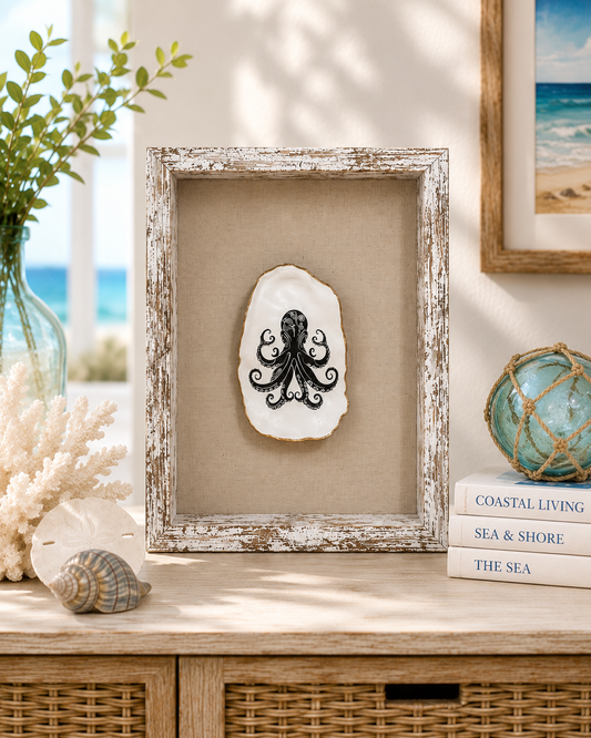 Decoupage Octopus Oyster Shell Shadow Box – Hand-Crafted Coastal Wall Hanging, Nautical Gift