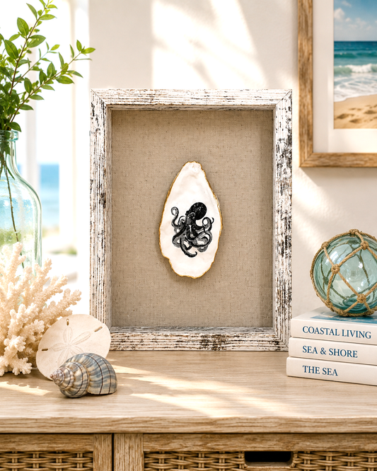 Octopus Oyster Shell Shadow Box Art, Marine Life Art, Sea Inspired Decor, Beach House Accent, Ocean Lover Gift