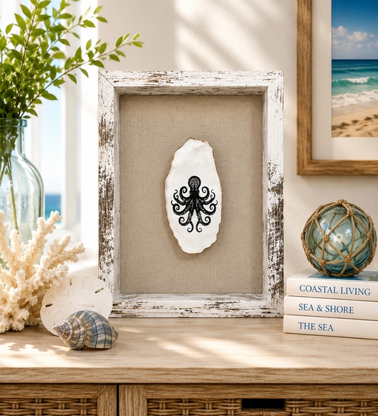 Framed Octopus Oyster Shell Shadow Box Art, Marine Life Art, Coastal Wall Decor, Beach House Accent, Ocean Lover Gift