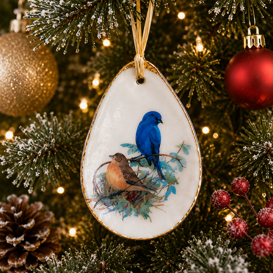 Indigo Bunting Oyster Shell Ornament, Bird Lover Gift, Christmas Keepsake