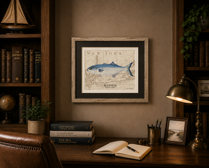 Bluefish Original Watercolor Print Over Vintage Long Island Map – Nautical Coastal Wall Art, Fishermen Angler Gift, NY Beach House Décor