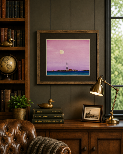 Fire Island Lighthouse, Giclée Print of Original Watercolor, Coastal Wall Art, Moonrise Beach Scene, Limited Edition East Coast Landscape