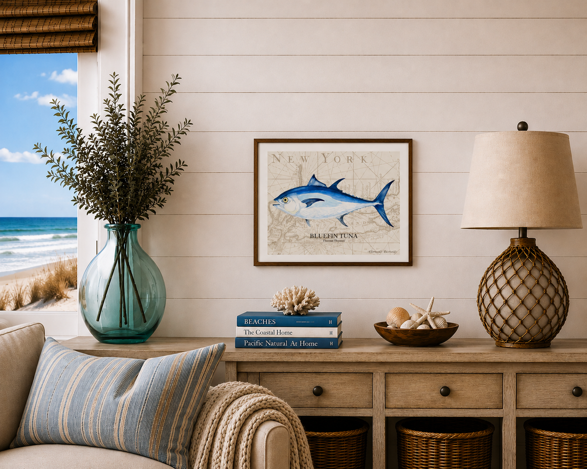 Bluefin Tuna Watercolor Print Art Over Vintage Long Island Map – Nautical Coastal Wall Art, Fishermen Angler Gift, NY Beach House Décor