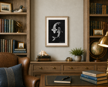Archival Print Colored Pencil Drawing of Koi Fish – White Koi on Black Background – Fine Art Illustration – Zen Water Garden Art