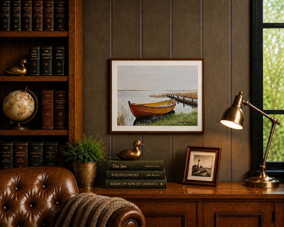 Original Watercolor Print of an Old Skiff on a Quiet Shoreline – Coastal Wall Art
