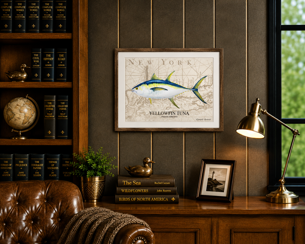 Yellowfin Tuna Watercolor Print Over Vintage Long Island Map – Nautical Coastal Wall Art, Fishermen Angler Gift, NY Beach House Décor
