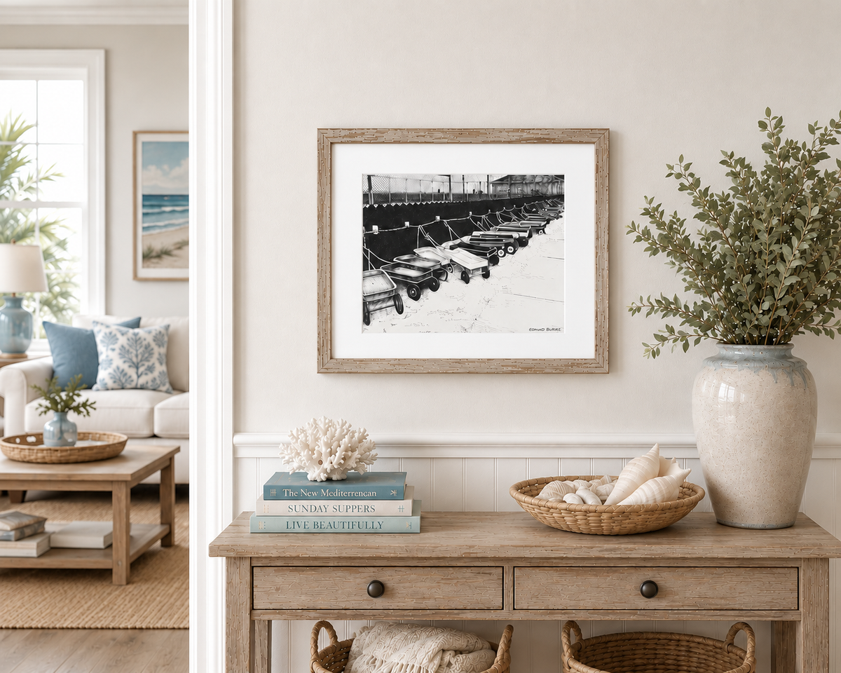 Ocean Beach Ferry Dock Original Pen and Ink Drawing Print, B & W  Fire Island Beach Art, Retro Beach Town Art, Beach House Coastal Decor