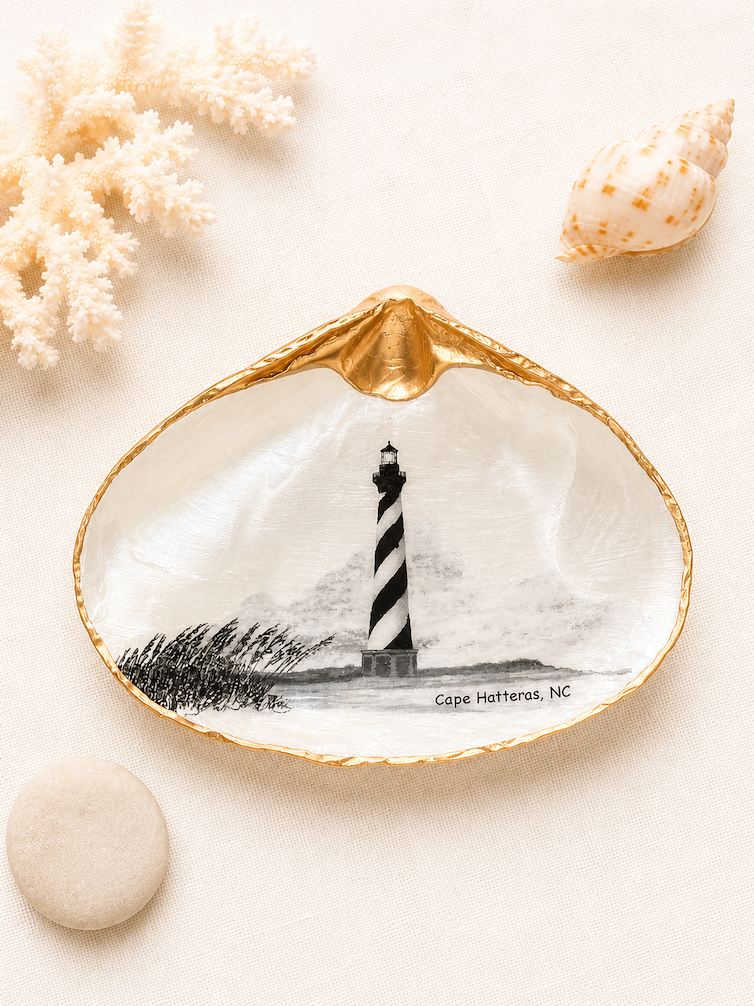 Decoupage Clam Shell Trinket Dish Cape Hatteras Lighthouse Art