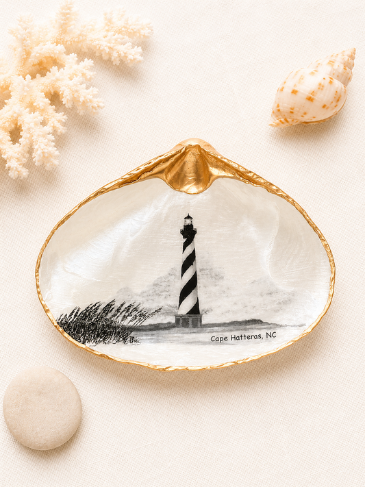 Decoupage Clam Shell Trinket Dish Cape Hatteras Lighthouse Art