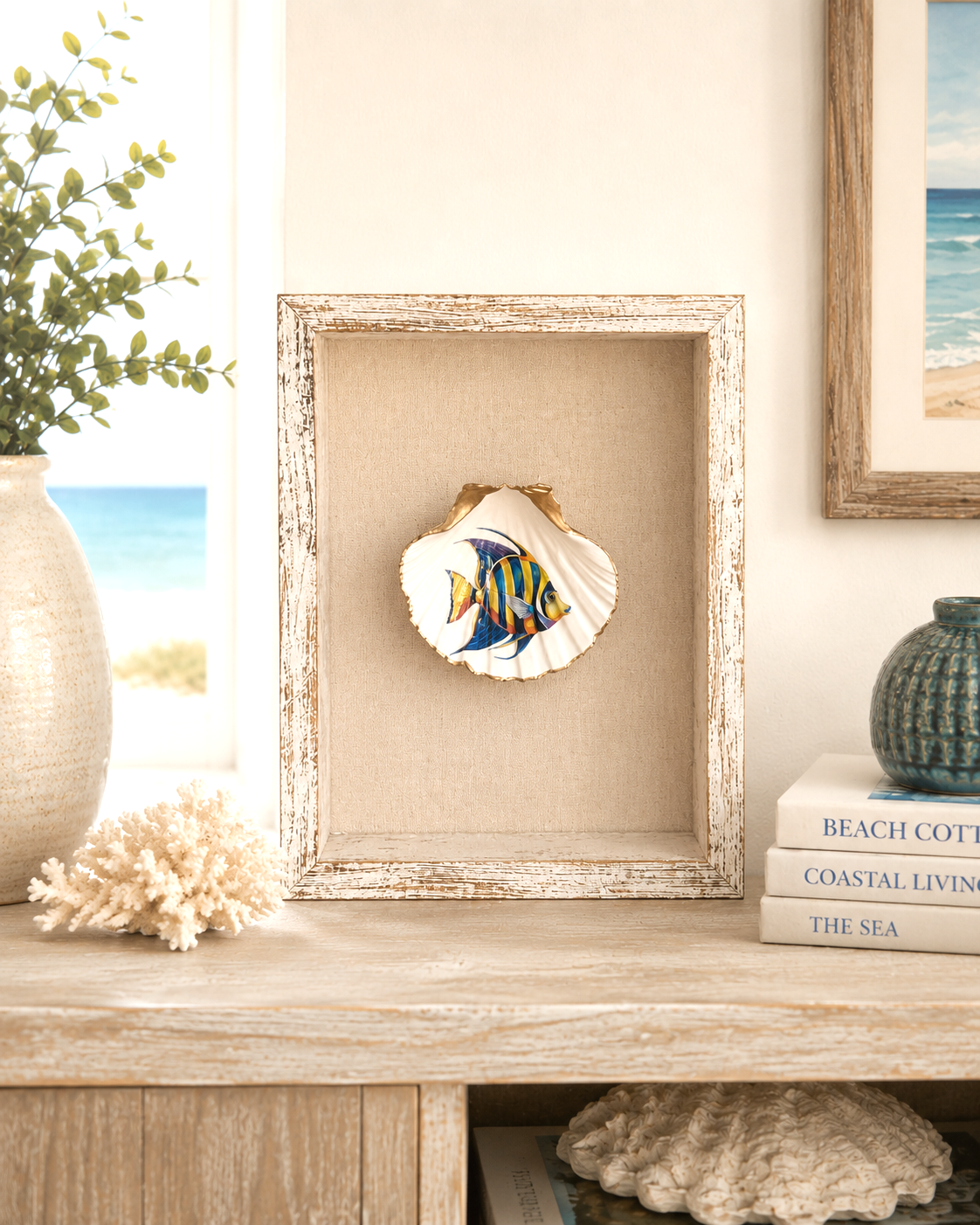 Pufferfish Scallop Shell Wall Art, Handcrafted Coastal Shadow Box, Framed Beach Decor, Ocean Life Gift, Tropical Fish Art, Beach House Art